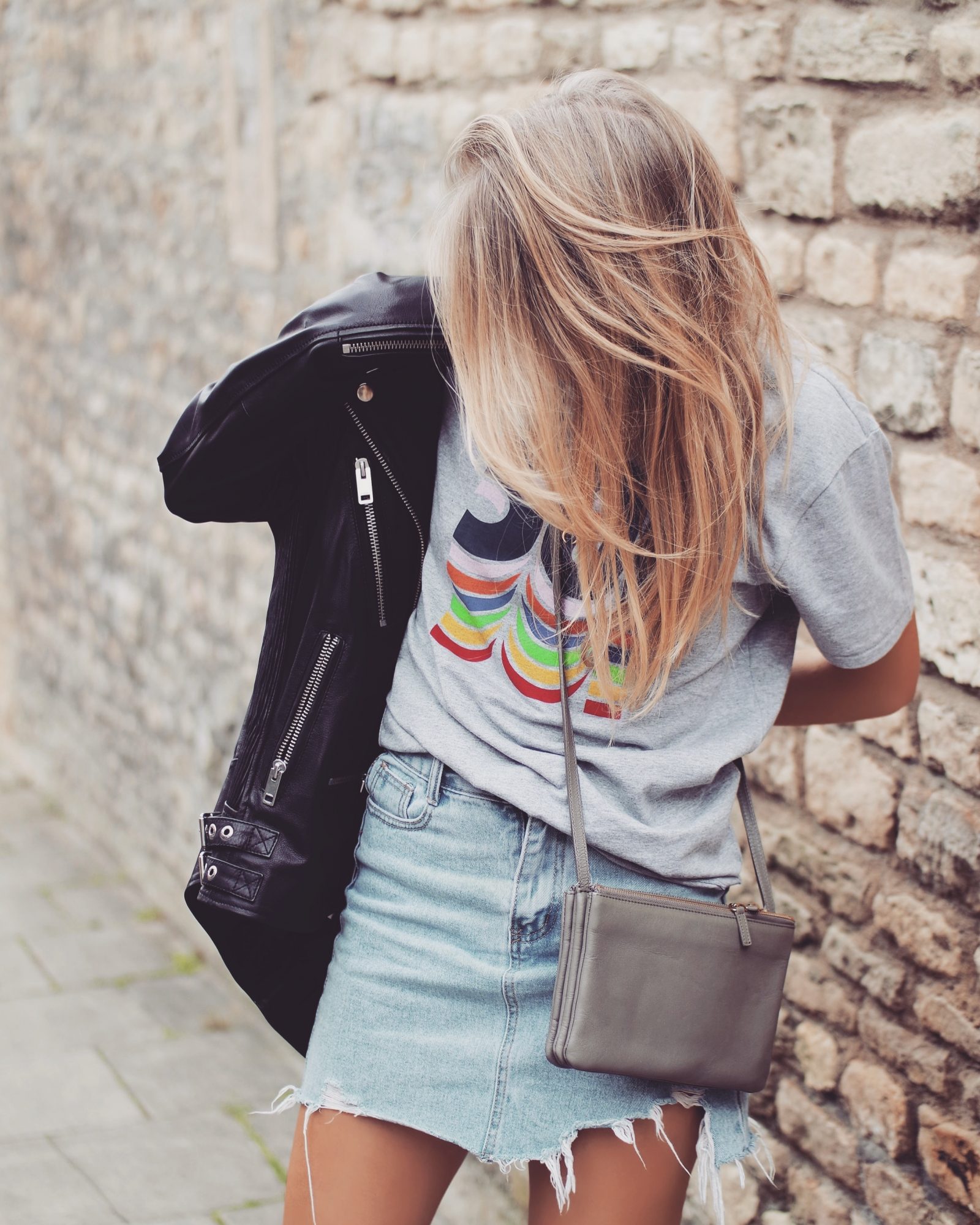 Leather Jacket - Vintage Denim Skirt