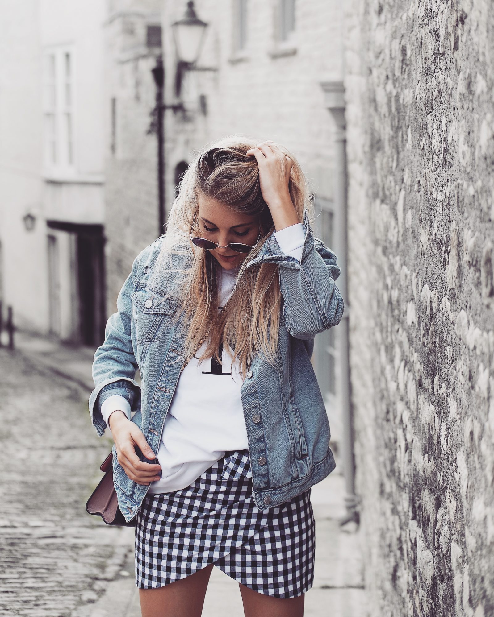 Gingham Skirt - Distressed Oversized Denim Jacket