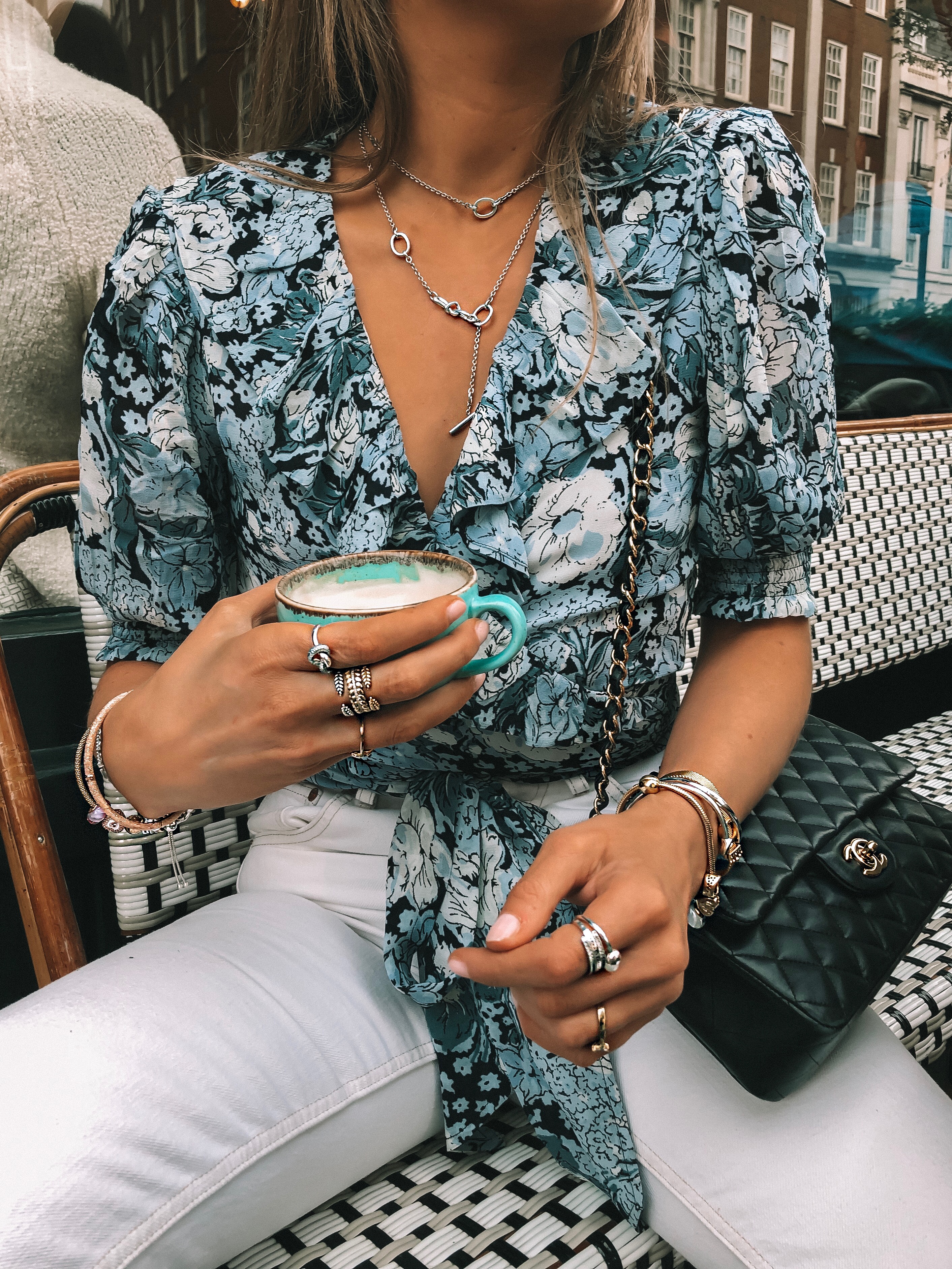 Pandora Ring Stack for Summer in London with beautiful blue floral Ganni Wrap Top - Amazing Pandora Discount Code - SINEAD15 for 15% off!